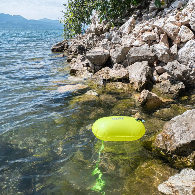 JOTO 2 Pack Swim Buoy Float for Open Water, Swimming Belt Bubble Safety Float with Adjustable Waist, Snorkeling, Swim Training, Triathletes, Kayaking Small Neonyellow & Orange - BeesActive Australia