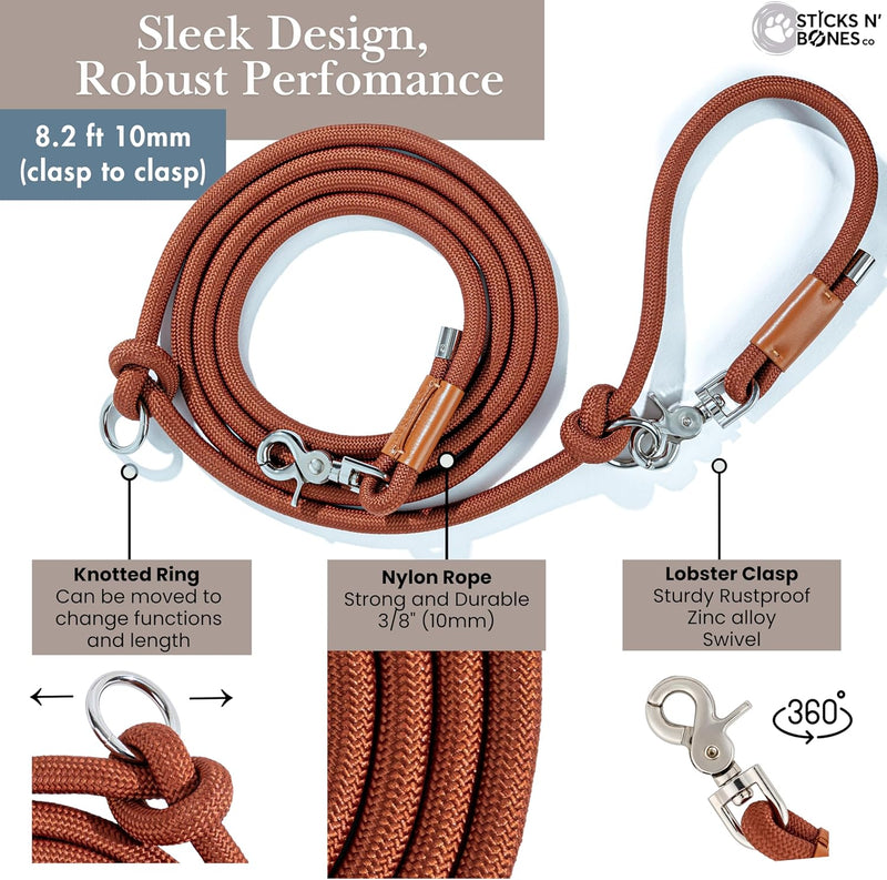 Sticks N' Bones co Hands Free Dog Leash Waist Leash for Dog Walking Running Crossbody, Multifunctional Dog Leash Adjustable Heavy Duty Leash 2 Dogs Dual Handle Slip Lead Puppy Training Leash 8.2 FT (from Clasp to Clasp) x 10mm Honey Brown - BeesActive Australia