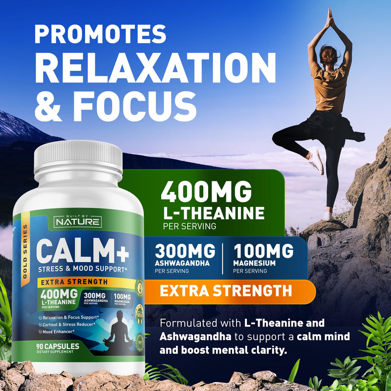 Built by Nature Calm+ Relaxation & Focus Supplement, 90 Capsules Stress, Cortisol & Mood Support, L-Theanine, Ashwagandha, Magnesium Glycinate, Vitamin D3