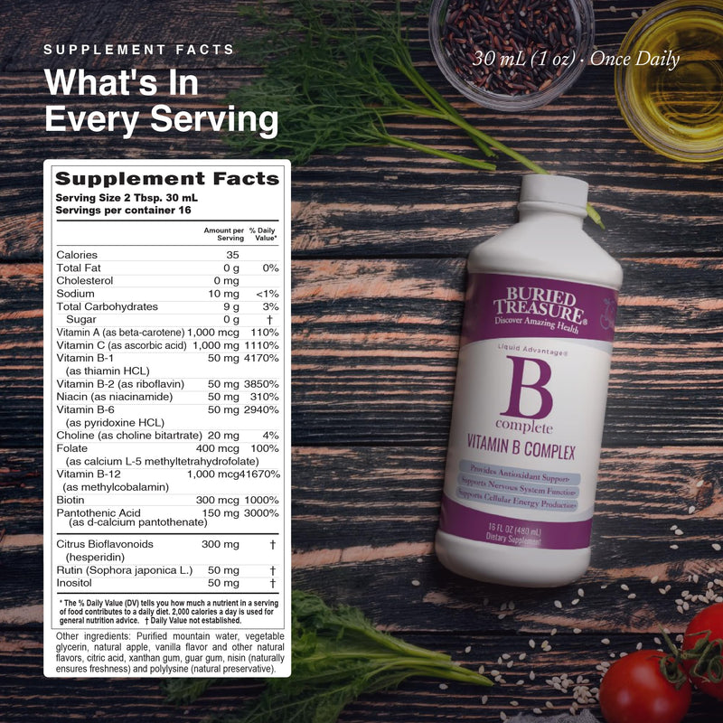 Buried Treasure B Complete - Liquid Vitamin B Complex with MethylCobalamin B12 & MethylFolate B9, Biotin, B1, B2,B3, B5, B6, Liquid & Sugar-Free, Women & Men, Dose Cup for Measuring 16 Fl Oz (Pack of 1)