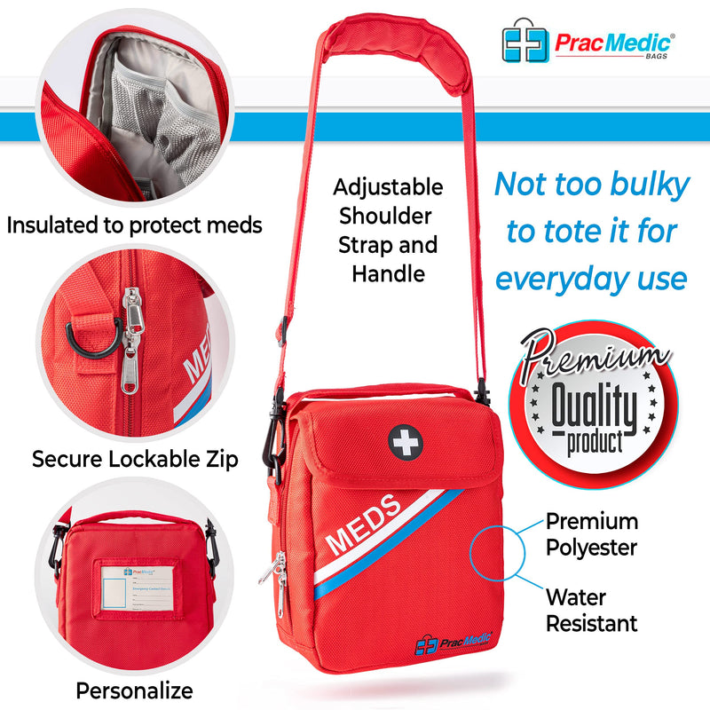 PracMedic Bags Travel Medicine Bag- First Aid Bags Empty or Epipen Carry Case for Insulin Pens, Pill Bottles, Diabetic Supply, Asthma Inhaler Spacer, Allergy Meds or First Aid Supplies (Red) T-MEDS Red Medium - BeesActive Australia