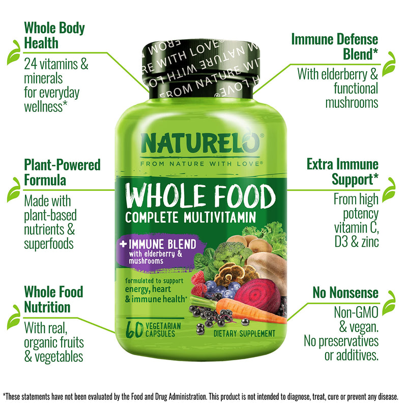 NATURELO Whole Food Multivitamin + Immune Blend with Elderberry & Mushrooms - Complete Multivitamin with Extra Immune Support - C, D3, Zinc, Elderberry, Reishi, Shitake - 60 Vegan Capsules 60 Count (Pack of 1)