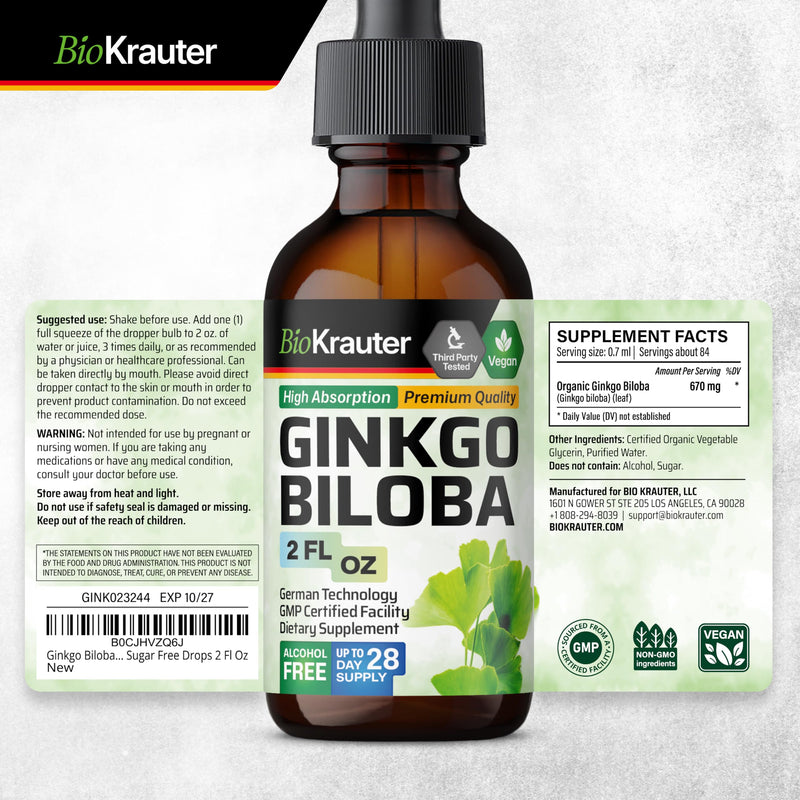 BIO KRAUTER Ginkgo Biloba Extract - Liquid Ginkgo Biloba Supplements for Brain - Vegan, Alcohol & Sugar Free - 2 Fl Oz 2 Fl Oz (Pack of 1)