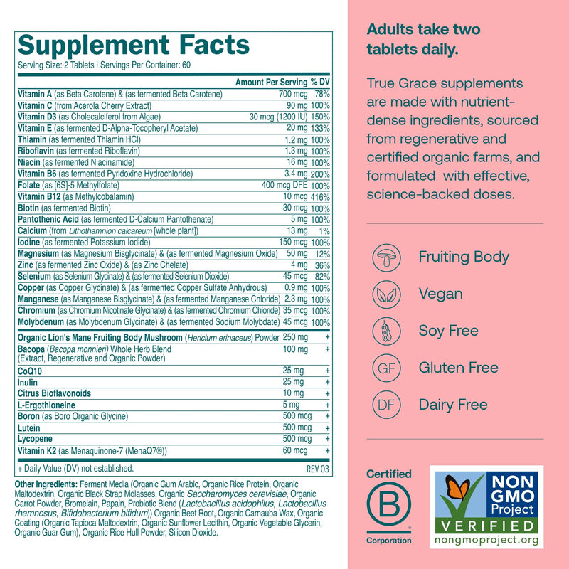 True Grace Daily Women’s Multivitamin 50+ - 120 Easy-to-Swallow Tablets - Immune, Energy, Longevity & Memory Support - Vegan - Gluten, Soy & Iron Free - 60 Servings 60 Day Supply