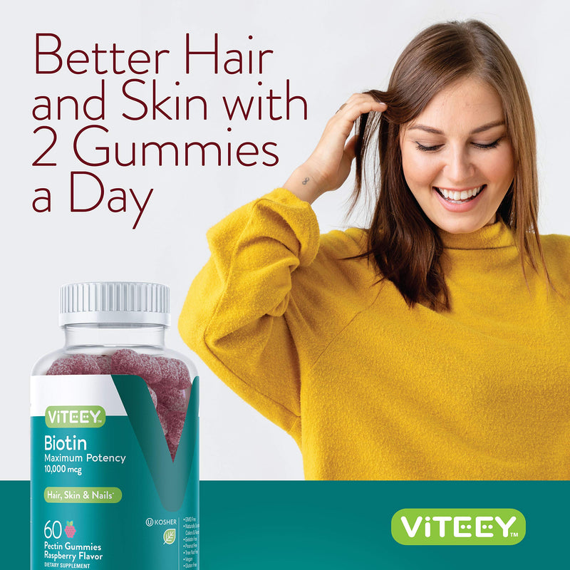Viteey Biotin Gummies - 10,000 mcg - 120 Count | for Hair Skin and Nails - Biotin for Hair Growth Gummies - Vegan, Gluten-Free, Non-GMO 60 Count (Pack of 2)