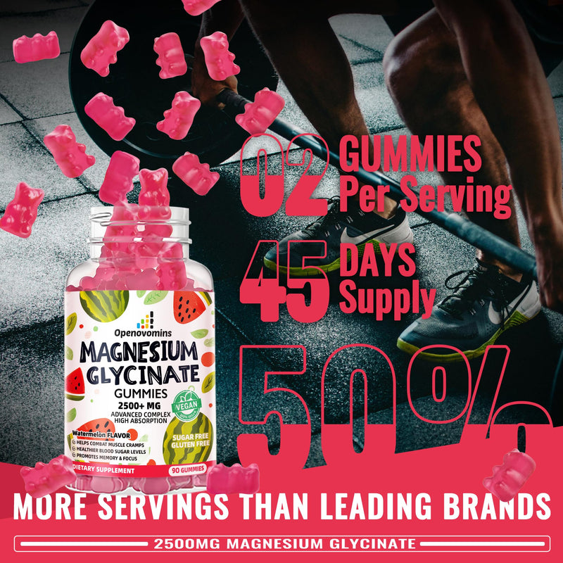 Magnesium Glycinate Gummies 2500mg - Sugar Free Magnesium Potassium Supplement with Vitamin D, B6, CoQ10 for Calm Mood & Sleep Support - 90 Watermelon Gummies 90 Count (Pack of 1)