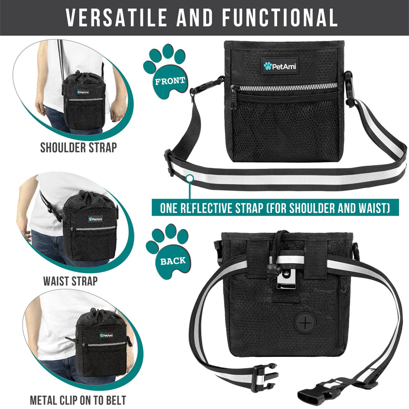 PetAmi Dog Treat Pouch, Pet Treat Pouch for Training, Dog Walking Bag Holder for Kibbles, Pet Food Toy, Dog Trainer Essentials Supplies, Poop Bag Dispenser, 3 Ways to Wear (Black) One Size Black - BeesActive Australia