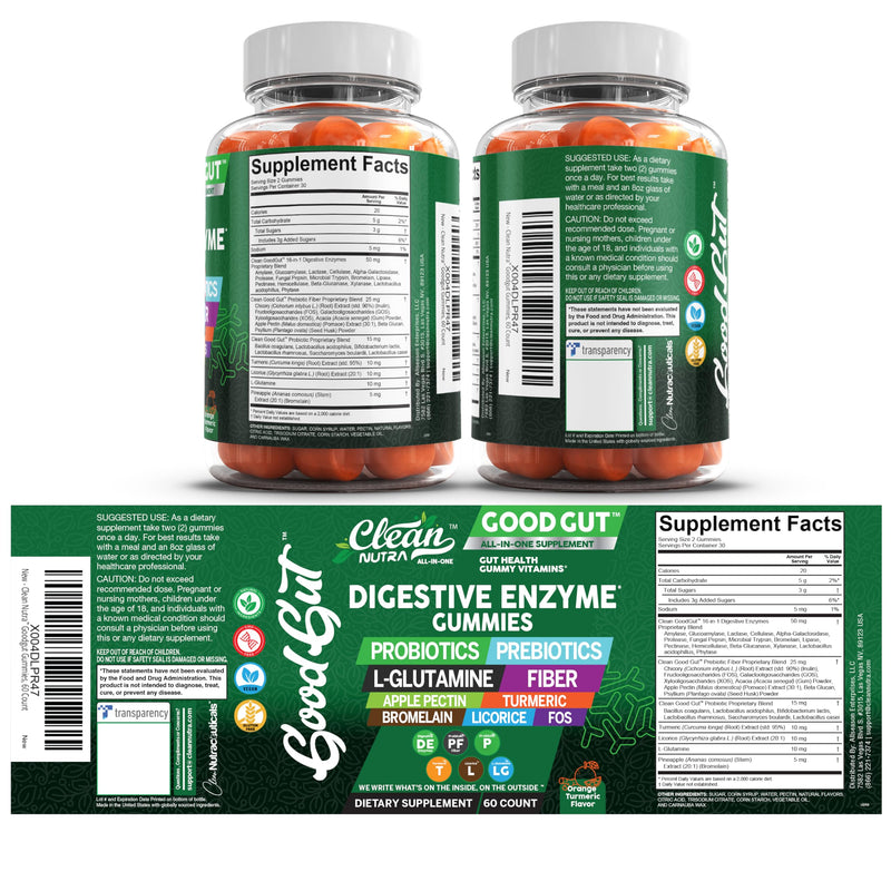 Clean Nutraceuticals Digestive Enzymes with Probiotics & Prebiotics for Digestive Health Gummies & L-Glutamine for Gut Health Bromelain Apple Pectin Inulin FOS Plant Based Vegan Gummy Vitamins 1