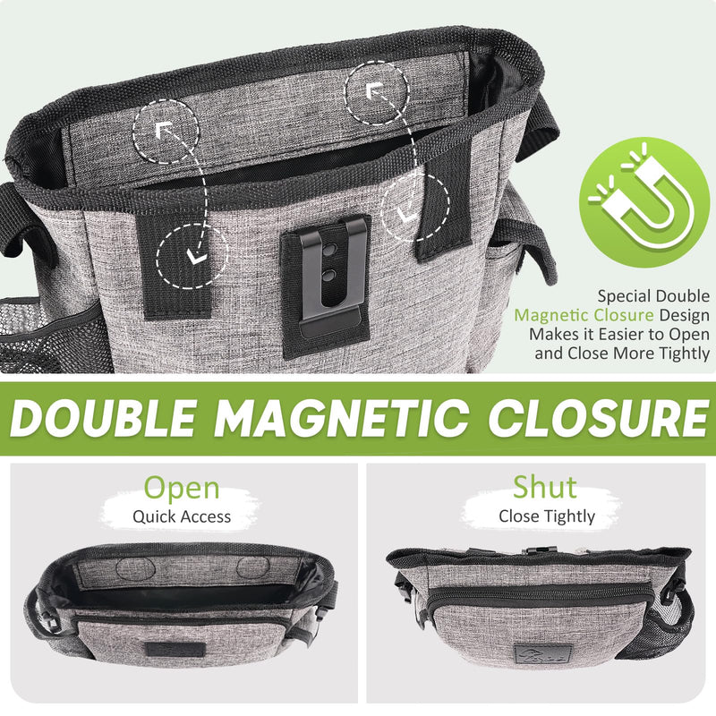 Large Dog Treat Pouch for Training with Magnetic Closure, Portable Dog Walking Fanny Pack Built-in Poop Bag Dispenser and Multiple Pockets, Includes Waist Belt Clip, Adjustable Shoulder Strap (Grey) Grey - BeesActive Australia