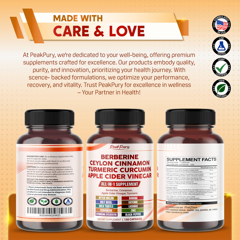 Berberine 8000mg Cinnamon 6000mg Apple Cider Vinegar 3000mg Turmeric 3000mg - Overall Wellness Support- Made in USA 150 count (pack of 1) - BeesActive Australia