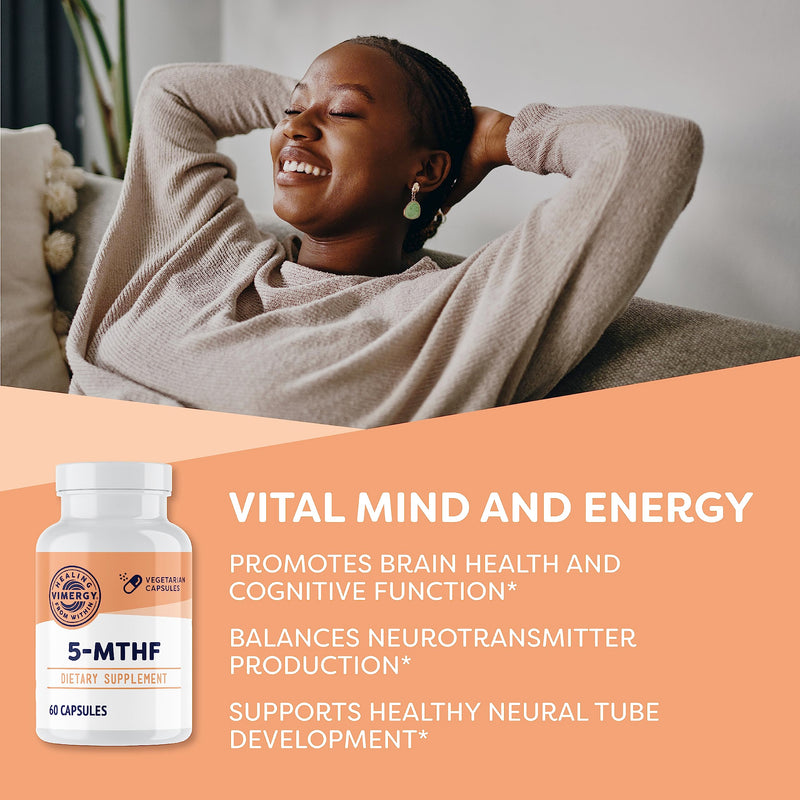 Vimergy 5-MTHF Vegan Capsules for Brain Energy Supplement, 60 Servings | Nootropic Promotes Brain Energy and Cognition* with 8500 mcg L-Methylfolate Glucosamine and 500 mcg Vitamin B12 Supplement