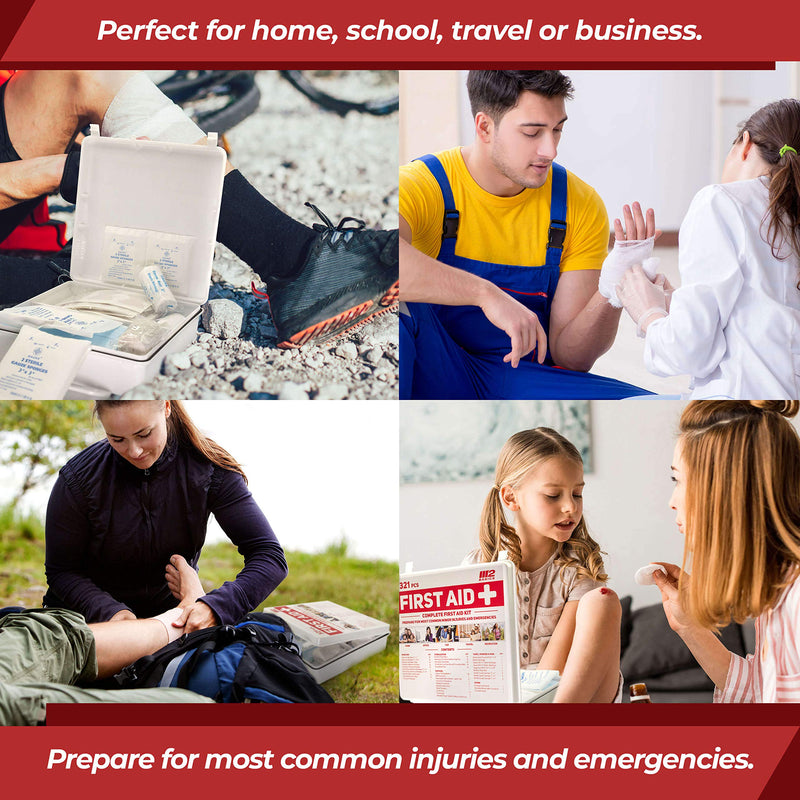 M2 BASICS Complete 321 Piece Emergency First Aid Kit | Business & Home Medical Supplies | Wall Mountable Hard Case | Office, Car, Travel, School, Camping, Hunting, Sports - BeesActive Australia