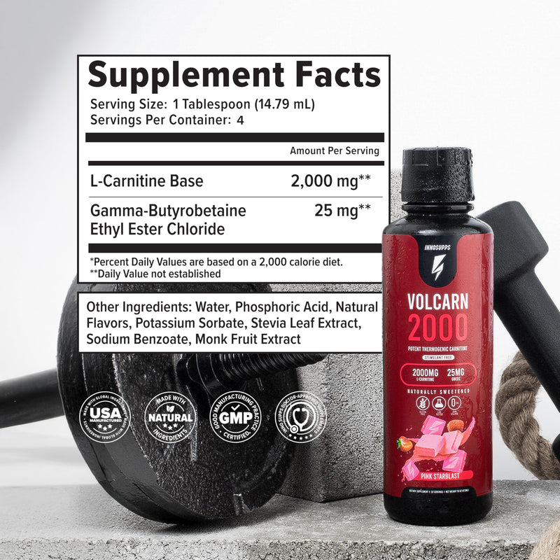 InnoSupps Volcarn 2000 - L-CARNITINE Advanced Energy Liquid | ATP Enhancer with GBEEC | Boosts Energy, Enhances Focus, Caffeine Free, No Artificial Sweeteners | 32 Servings (Pink Starblast) Pink Starblast