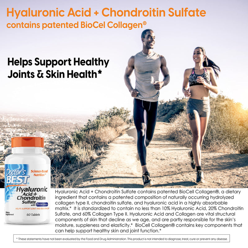 Doctor's Best Hyaluronic Acid with Chondroitin Sulfate - Joint Health Support Supplement for Women & Men, BioCell Collagen, Non-GMO, Gluten Free, Soy Free - 60 Tablets