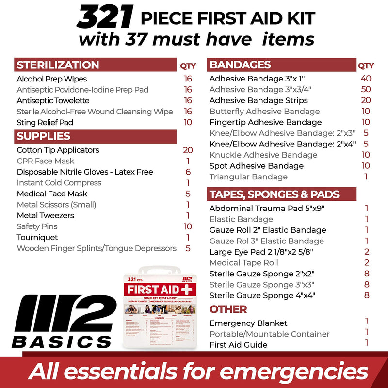 M2 BASICS Complete 321 Piece Emergency First Aid Kit | Business & Home Medical Supplies | Wall Mountable Hard Case | Office, Car, Travel, School, Camping, Hunting, Sports - BeesActive Australia