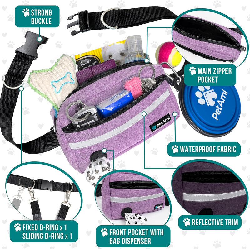 PetAmi Hands Free Dog Leash, Dog Running Leash Belt for Walking Jogging, Dog Waist Zipper Pouch Fanny Pack with Poop Bag Dispenser, Dual Padded Handle Bungee Leash for Small Medium Large Dogs, Double 2 Leashes Purple - BeesActive Australia