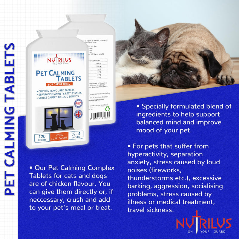 Calming Tablets for Dogs And Cats - 120 Tablets Chicken Flavour for Pets - Separation - Restlessness - Loud Sounds - Stress - Anxiety - Travel