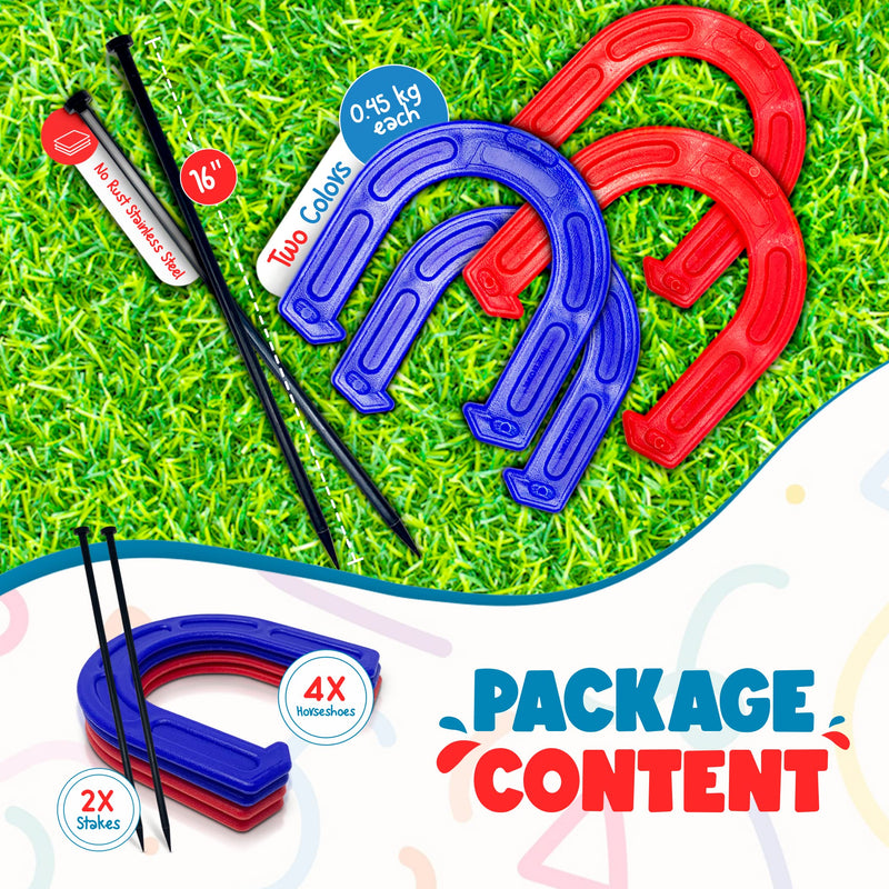 Lawn Horseshoes Game - Kids and Family Outdoor Backyard Horse Shoes Set Kit - STURDY Steel Spikes & Lightweight KID-SAFE Rubber Shoes (2 Spikes, 4 Horseshoes) - BeesActive Australia