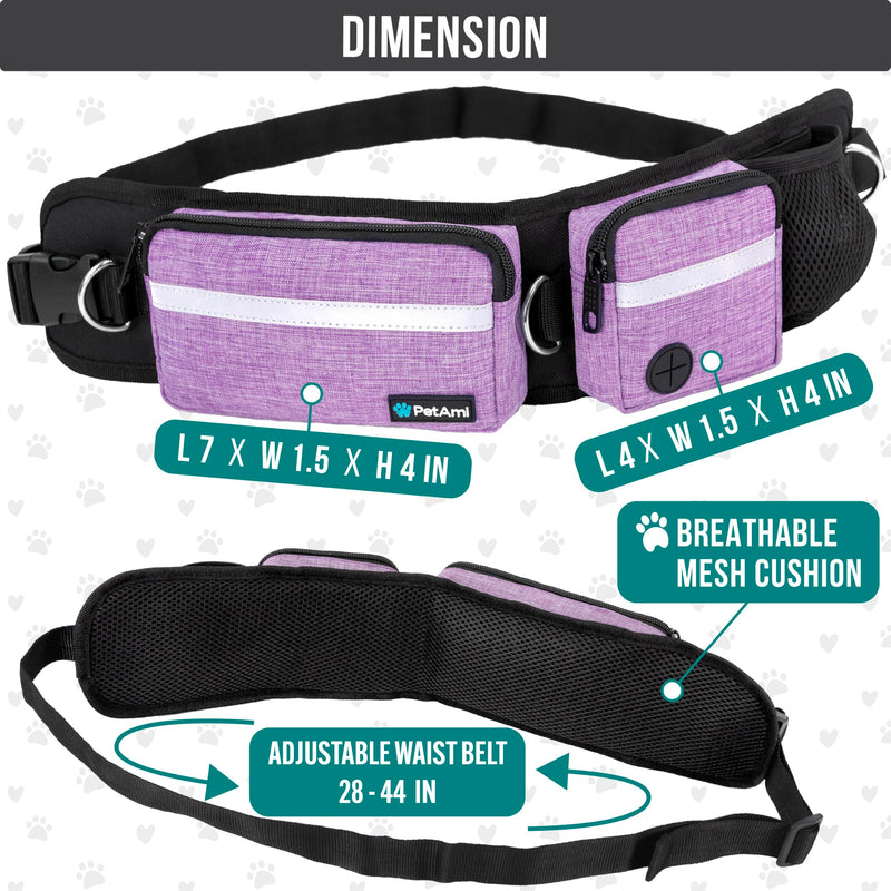 PetAmi Hands Free Dog Leash, Running Leash Belt Bag for Walking, Jogging, Waist Double Zipper Pouch with Poop Dispenser, Dual Padded Handles Reflective Bungee Single, Purple, 1 Leash - BeesActive Australia