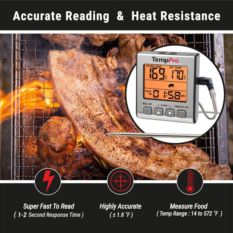 TempPro Digital Meat Thermometer for Cooking and Grilling, BBQ Food Thermometer with Backlight and Kitchen Timer, Grill Temperature Probe Thermometer for Smoker, Oven, Baking,Oil(Previously ThermoPro) Light Silver - BeesActive Australia