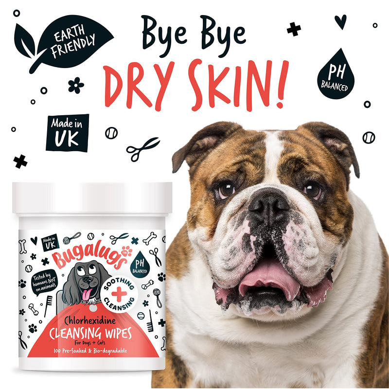 BUGALUGS Dog Wipes for pawly skin - 100 Biodegradable dog grooming pet wipes. Use as Dog ear wipes, dog eye wipes, dog face wipes, Paw & Bum wipes for puppy, dogs & cat grooming