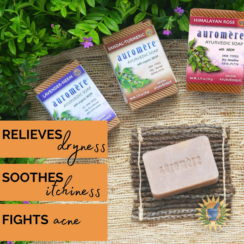 Auromere Ayurvedic Soap Variety Pack - 3 x 2.75oz Natural Soap Bars - Handmade Vegan Soap with Ayurvedic Herbs & Organic Neem - BeesActive Australia