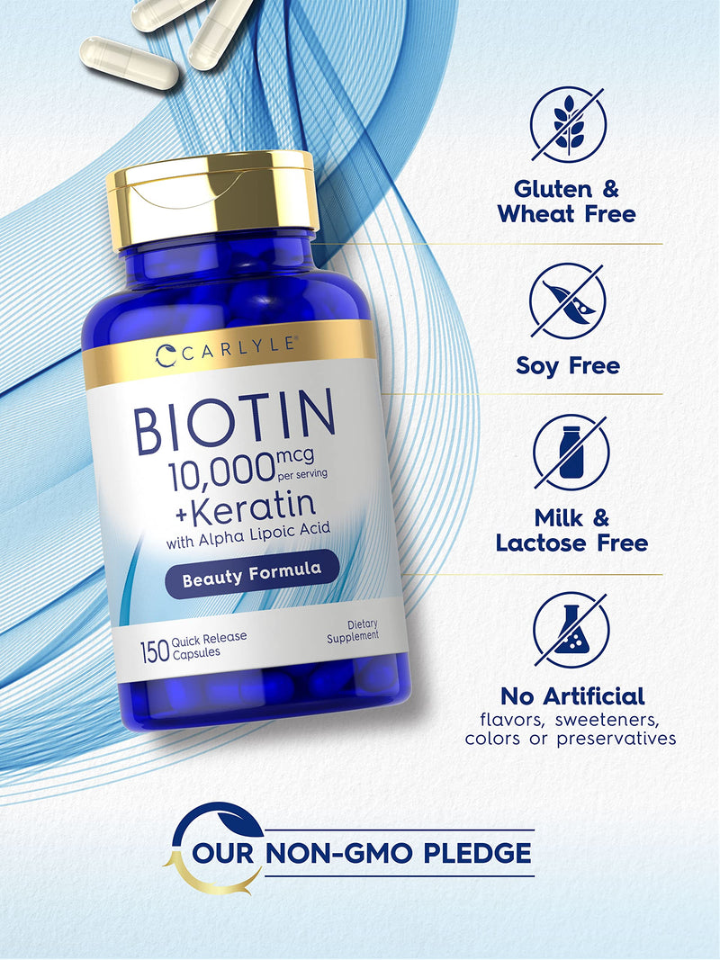 Carlyle Biotin 10000mcg | 150 Capsules | Beauty Formula with Keratin | Non-GMO, Gluten Free Supplement