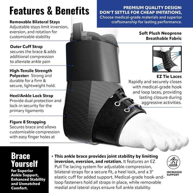 SportLock EZ8, Lace Up Ankle Brace for Women and Men, Ankle Support, Removeable Side Stablizers, Foot Brace, For Sprained or Injured Ankle and More, Ankle Brace for Sports, 2X