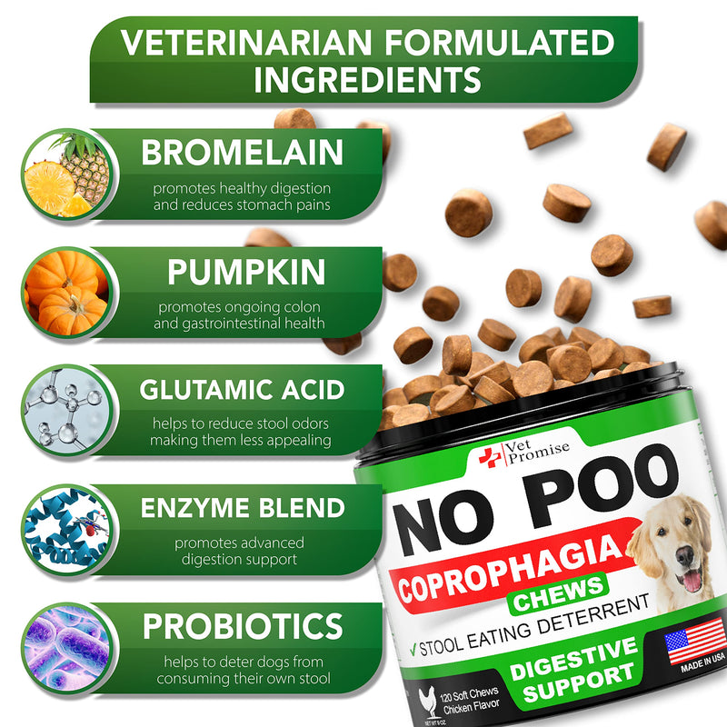 Vet Promise No Poo Chews for Dogs - Coprophagia Stool Eating Deterrent for Dogs - Prevent Dog from Eating Poop - Stop Eating Poop - Probiotics & Digestive Enzymes Supplement - Made in USA Probiotic No Poo Treats No Poo Treats - 120 Ct - BeesActive Australia