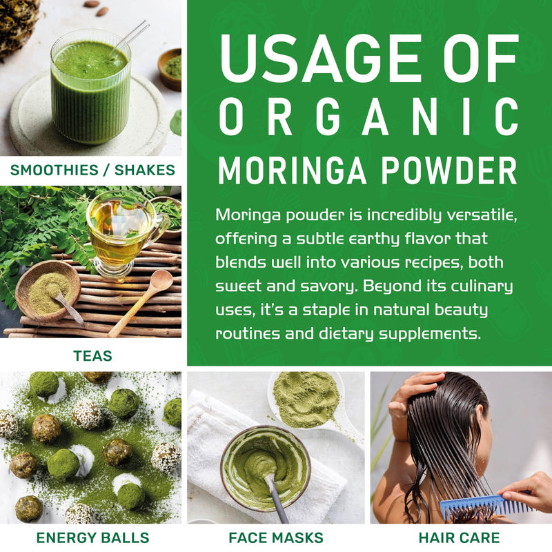 Jiva Organics Moringa Powder 1.25LB Bulk Bag - Moringa Oleifera Leaf Powder - Great for Hair, Rich in Immune Vitamin, Great Superfoods for Moringa Tea, Moringa Drink, India Grown, Vegan
