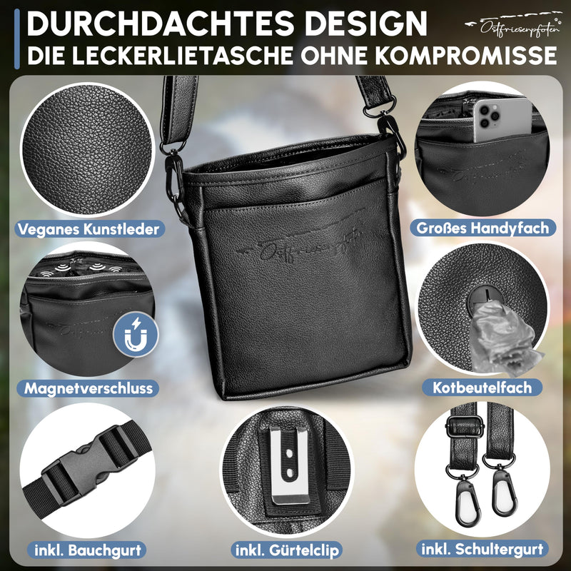 Ostfriesenpfoten® treat bag 'Frieda' for dogs made of high-quality faux leather - black size L - food bag with EasyOpen one-hand magnetic closure - dog treat bag - BeesActive Australia