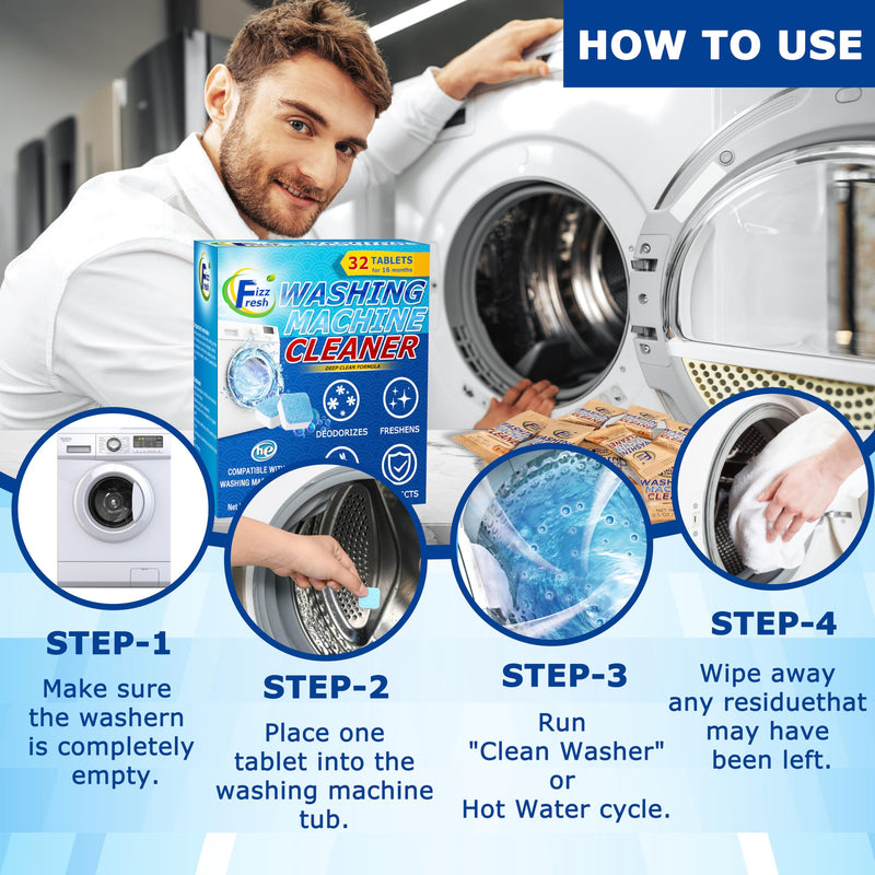 Washing Machine Cleaner Tablets 32-Pack - Deep Cleaner Descaler for Front Load or Top Load Washer - Clean Inside Drum, Tub seal & other Parts Descaler & septic safe - BeesActive Australia