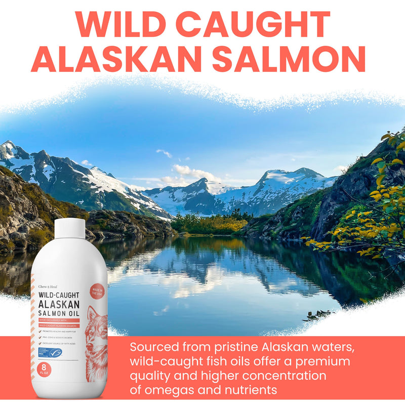 Wild Alaskan Salmon Oil for Dogs & Cats 16 oz - Omega 3 Dog Fish Oil, EPA DHA for Skin & Coat, Itch Relief, Joint and Heart Health - MSC Certified, Made in USA, Pump Bottle - Chew + Heal 16oz
