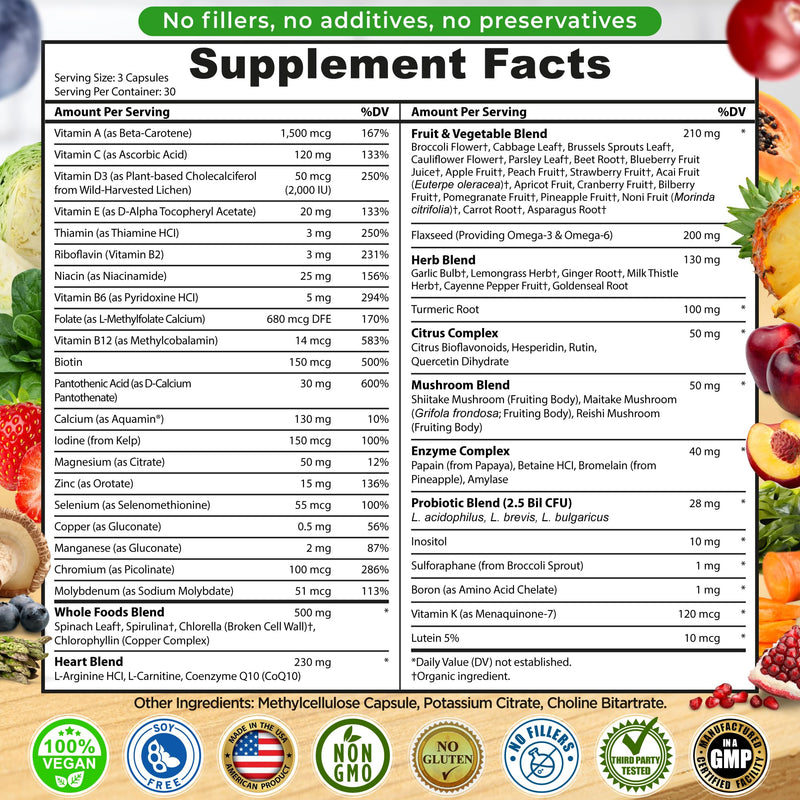 Vegan Whole Food Daily Multivitamin Without Iron, Methylated Multivitamin for Women and Men, Made with Fruits & Vegetables, B-Complex, Probiotics, Enzymes, CoQ10, Omegas, Turmeric, Non-GMO, 90 Count 90 Count (Pack of 1) Unisex Multivitamin No Iron