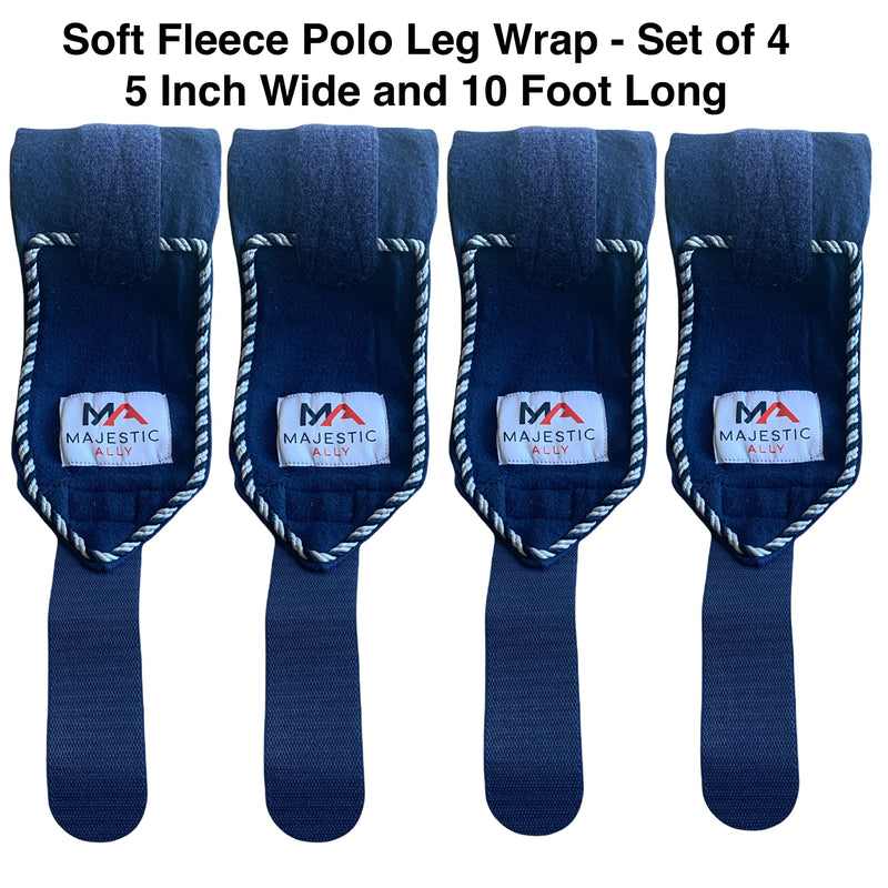 Majestic Ally Fleece Polo Leg Wraps with Braided Rope for Horses - Set of 4-10 foot long and 5 Inch wide (Navy) Navy - BeesActive Australia