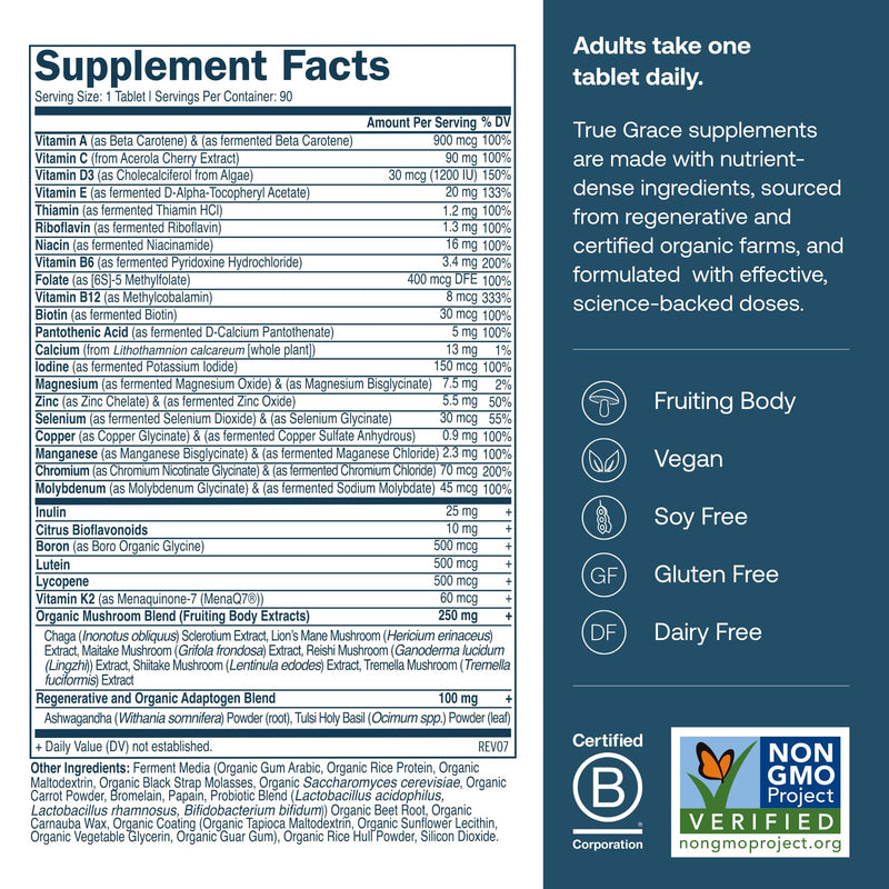 True Grace Men's 40+ One Daily Multivitamin Fermented Minerals, Organic Adaptogens & Mushrooms Whole Body Balance Immune, Endurance, Bone & Heart Support Supplement - Non-GMO - 90 Vegan Tablets 90 Day Supply