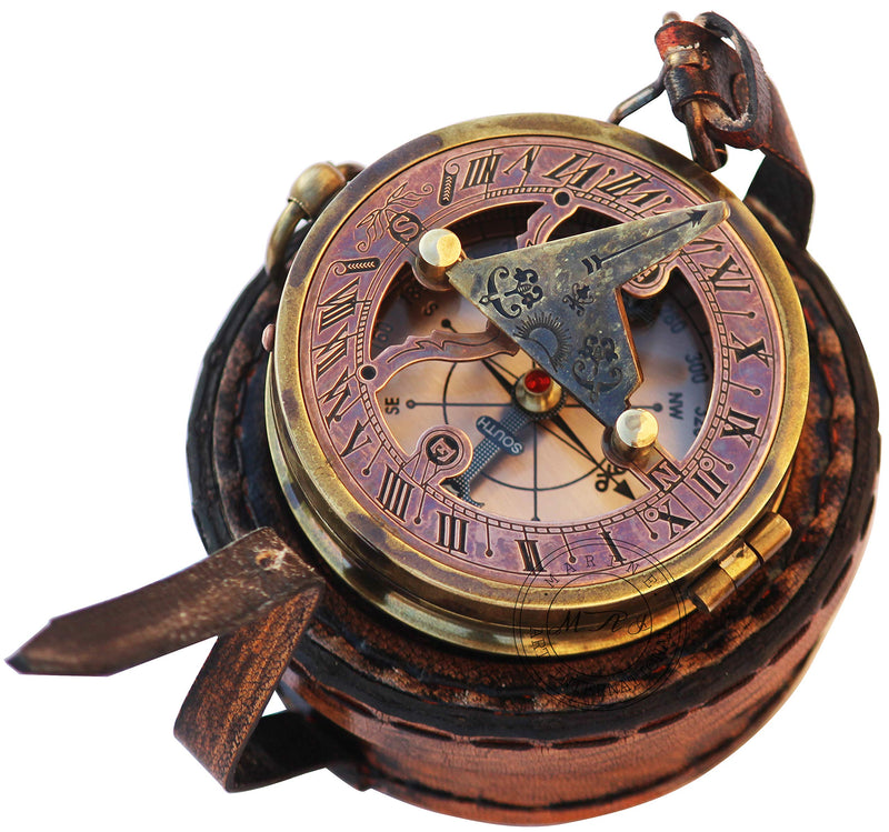 MAI Brass Sundial Compass Beautiful Gift Item with Leather Case - Sun Clock - Steampunk Accessory – Nautical Gift – Wedding Gifts for Him – Sundial Watch