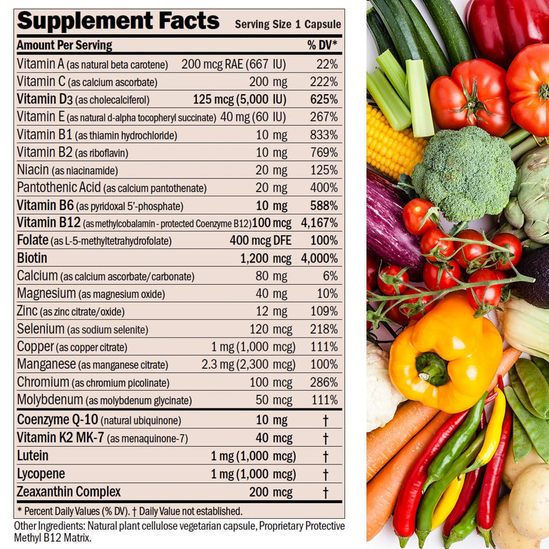ANDREW LESSMAN Essential-1 nuonce max Multivitamin 5000 IU Vitamin D3 60 Small Capsules. 100 mcg Methyl B12. CoQ10 Lutein Lycopene Zeaxanthin. High Potency. No Additives. Ultra-Mild One Daily Capsule | Complete Daily Multivitamin & Mineral Formula with...