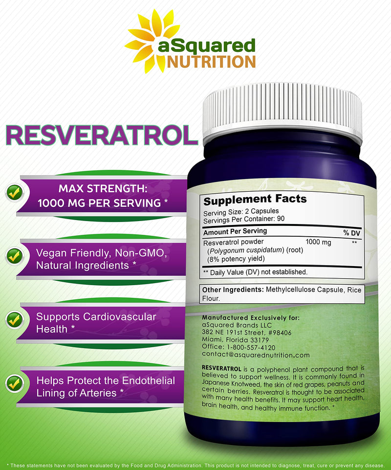 100% Natural Resveratrol - 1000mg Per Serving Max Strength (180 Capsules) Antioxidant Supplement, Trans-Resveratrol Pills for Heart Health & Pure, Polyphenols (Pack of 2) 180 Count (Pack of 2)