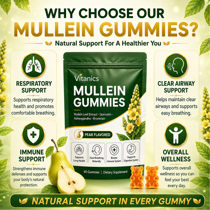 Vitanics Mullein Gummies, Mullein Leaf Extract for Lungs, Daily Respiratory Health Gummies with Quercetin, Ashwagandha, Bromelain & Vitamin D3, Lung Health & Sinus Relief, Pear Flavor, 30 Day Supply