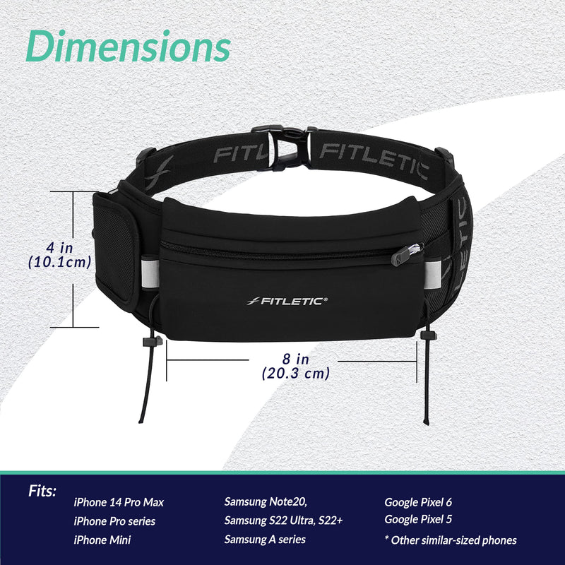 Fitletic - Ultimate II Running Pouch with Gels, Runners Pouch, Running Waist Belt with Gel Loops, Exterior Pocket, Inner Pocket, and Integrated Bib Toggles, Running Accessories Black - BeesActive Australia