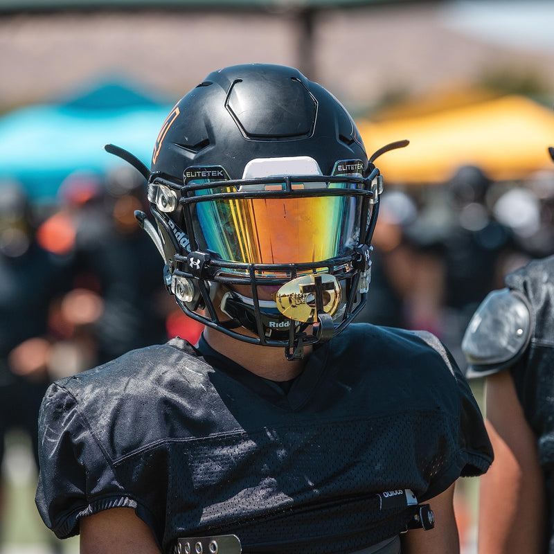 Battle Sports Cross Oxygen Football Mouthguard - Superior Airflow & Better Performance, Maximum Protection & Breathability Football Mouthpiece, Works with Braces One Size Gold/Black