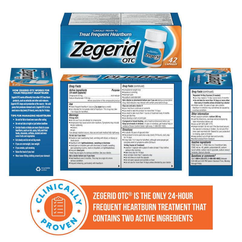 Zegerid OTC, 24-Hour Heartburn Relief, Acid Reflux Medicine and Antacid, Treats Frequent Heartburn, Omeprazole 20mg + Sodium Bicarbonate, Proton Pump Inhibitor (PPI), 42 Capsules 42 Count (Pack of 1)