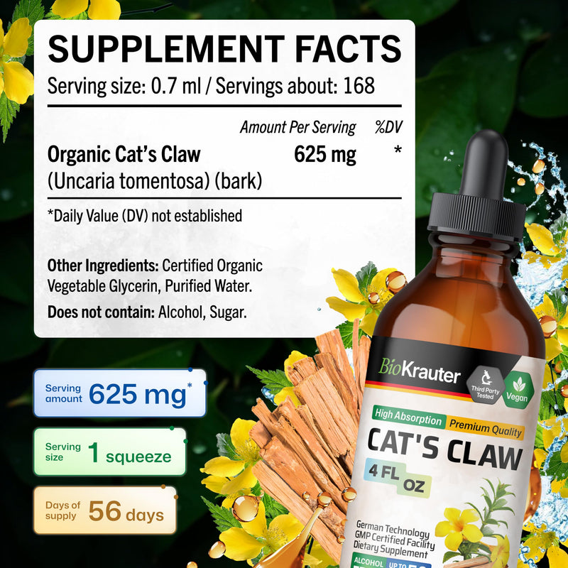 BIO KRAUTER® Сats Сlaw - Liquid Drops Pure Vegan Cats Claw Herb Supplement 625 mg per Serving 4 Fl.Oz 56-Day Supply - Used for Digestive & Immune Support, Natural Antioxidant - Alcohol & Sugar Free 4 Fl Oz (Pack of 1)