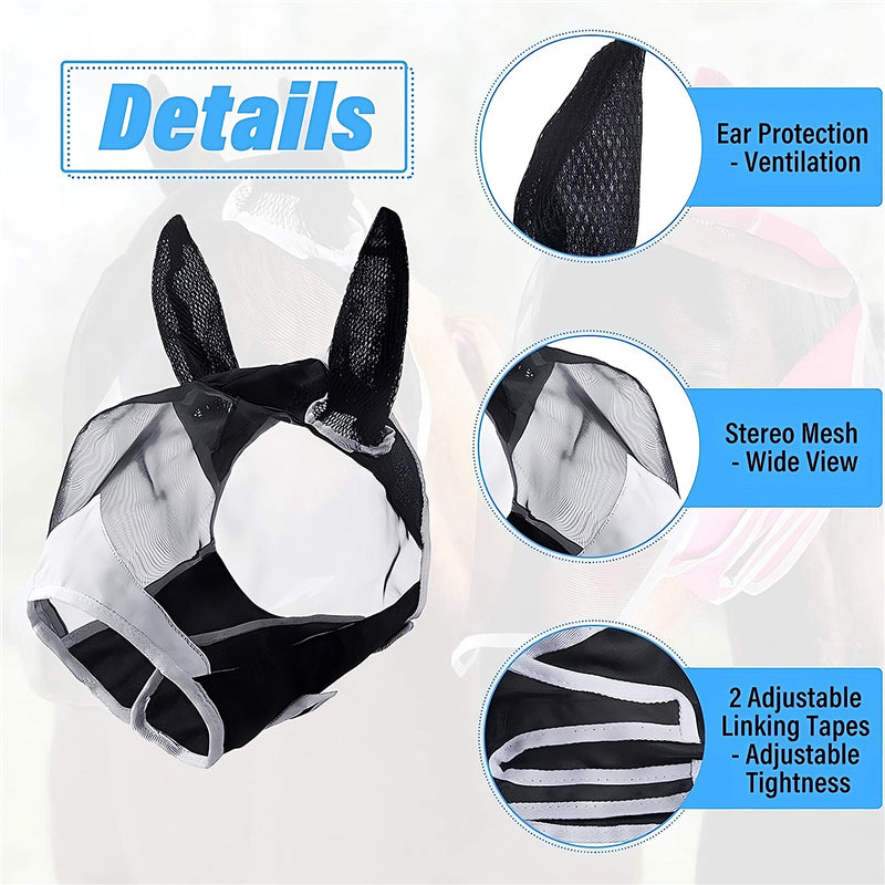 Horse Fly Mask with Ears Cover Uv Protection Horses Fly Mask with Eyes Cover Black Net Equine Sunscreen Quiet Ride and Smooth Fly Mask with Adjustable fit (Pony) Pony - BeesActive Australia