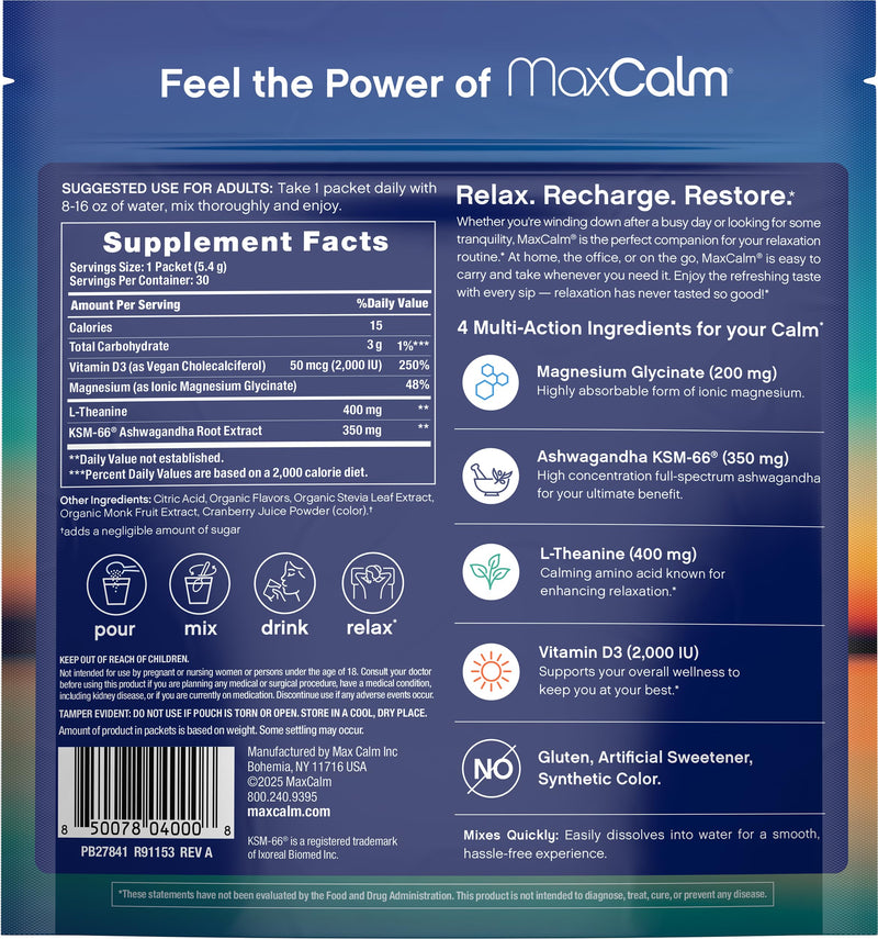 Relaxing Drink Mix | Raspberry-Lemonade Flavor | Magnesium & KSM-66 Ashwagandha Supplement | Supports Relaxation | 30 Single-Serve Packets