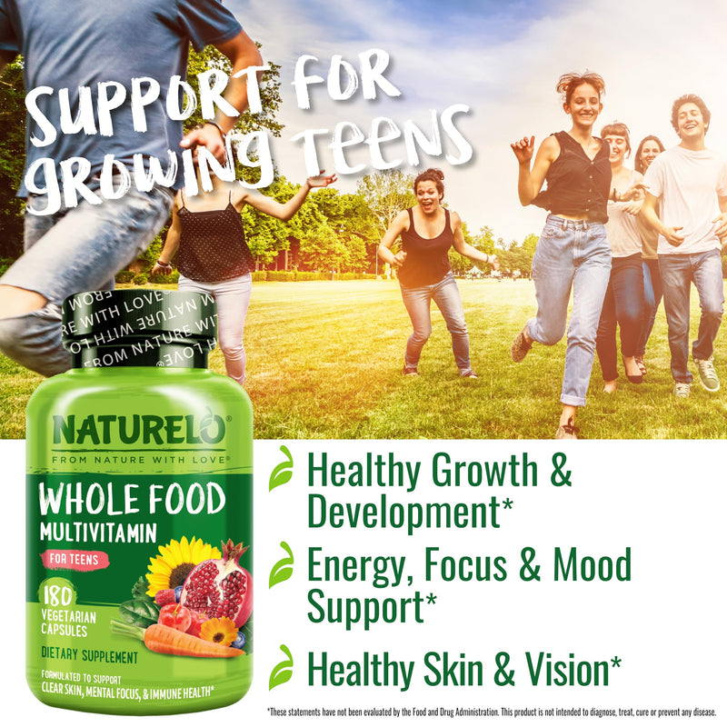 NATURELO Multivitamins for Teenage Girls/Boys, 180 Capsules | Whole Food Multivitamin with Minerals, Non-GMO, Vegetarian 180 Count (Pack of 1)
