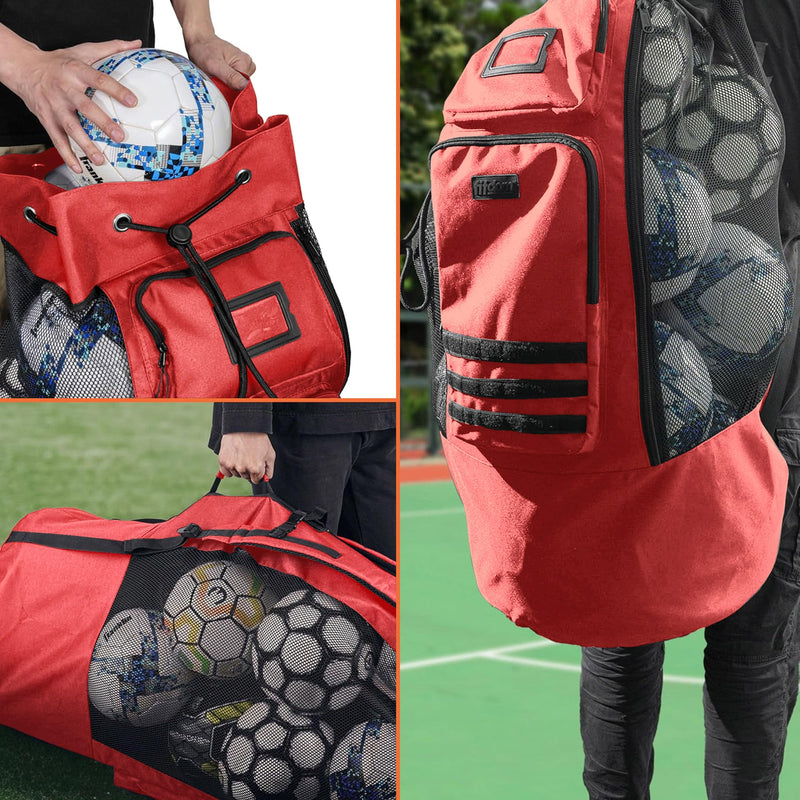 Fitdom Heavy Duty XL Soccer Mesh Equipment Ball Bag w/Adjustable Backpack Shoulder Strap Design for Coach. 2 Different Size Front Pockets for Sporting Accessories. Crimson Red - BeesActive Australia