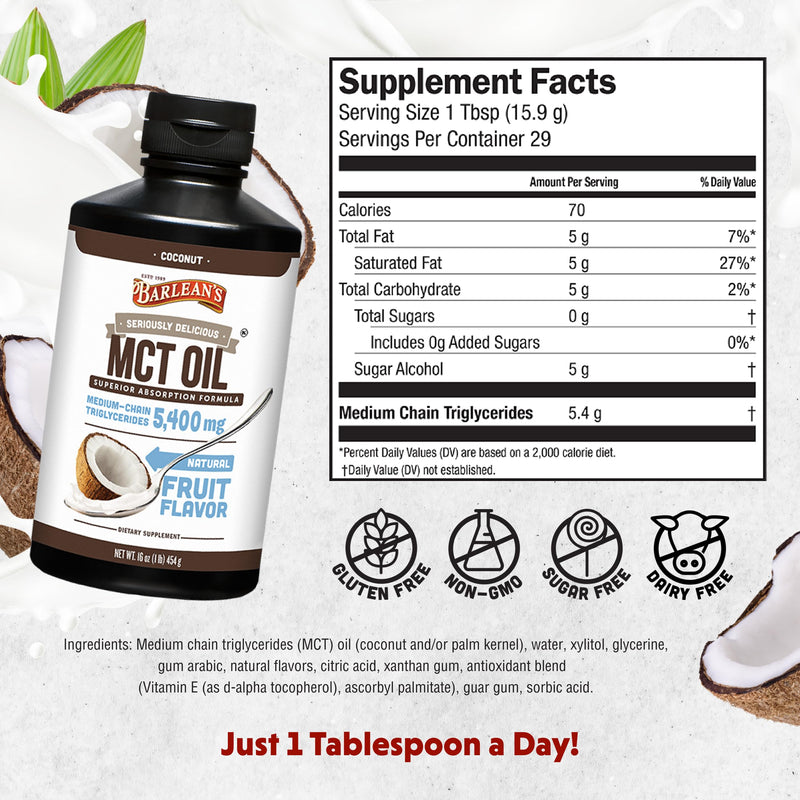 Barlean's MCT Oil Supplement, Coconut Flavored for Keto Coffee, Emulsified Creamy Liquid Syrup with 5,400mg Plant-Based MCT's to Support Energy, Focus and Wellness, 16 oz MCT Oil - Coconut Flavor 1 Pound (Pack of 1)
