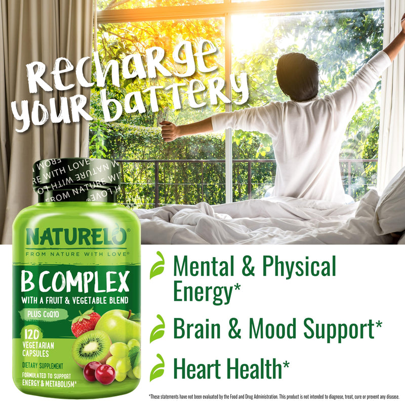NATURELO Vitamin B Complex, 120 Capsules, Vegan, CoQ10, Methyl Folate | Biotin, Fruit & Vegetable Blend, Supports Energy And Healthy Stress Response, Super B Complex Vitamins for Women and Men 120 Count (Pack of 1)